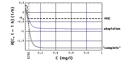 Rate R as a funtion of C for t = 1 h. MIC, adaptation and complete models